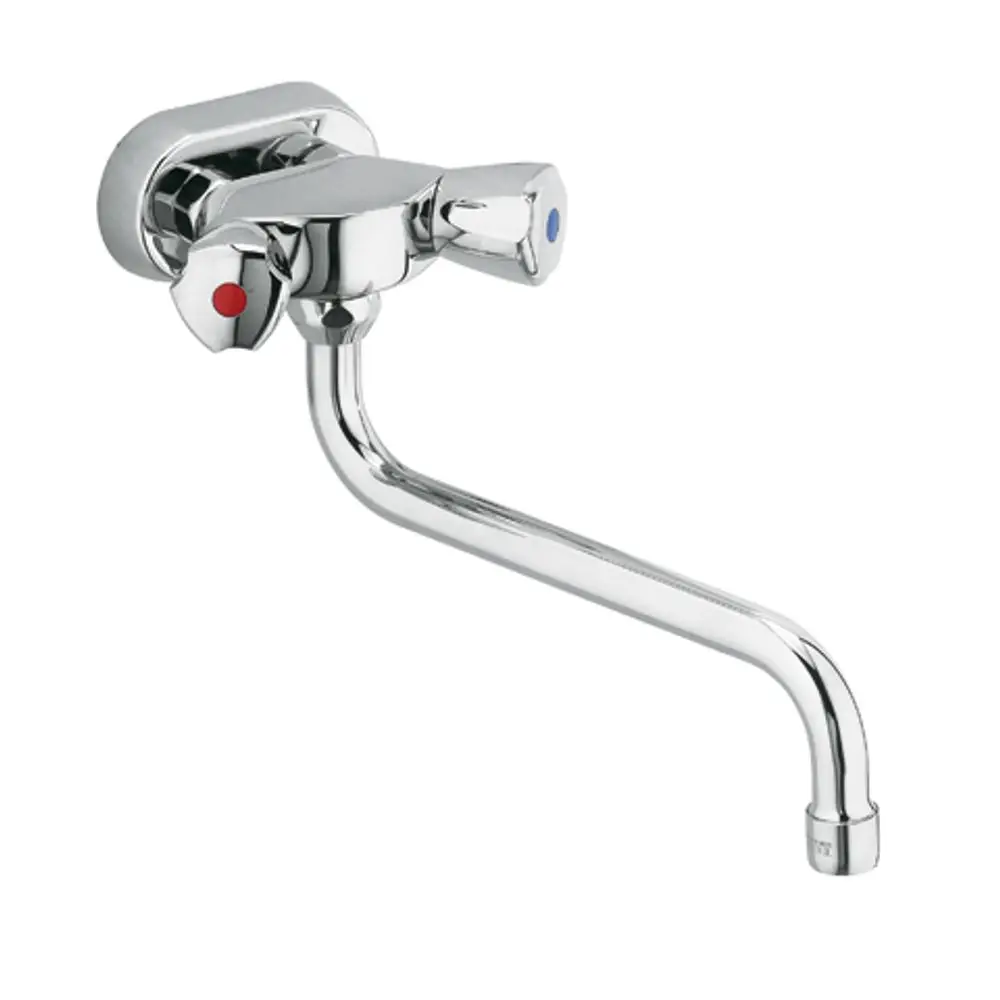 Küchenarmatur von Kludi mit zwei Griffen für heiße und kalte Wasserregelung. Chromoberfläche, schwenkbarer Auslauf und geradliniges Design.